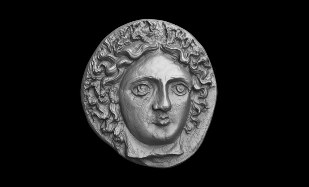 Helios Tetradrachm coin, Asia Minor. Islands off Caria, Rhodes, Tetradrachm, c. 404 - 385 BC. (Silver, 15.26g., 25.7mm). Head of Helios. The original one has a value that is more than 100'000$.