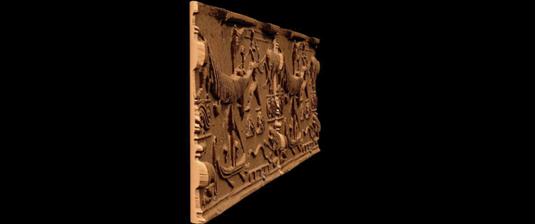 High-fidelity 3D model of the Tell el-Dab‘a "Joseph Seal" bulla, rotated to display intricate Middle Bronze Age motifs including a central smiting figure on twin peaks, bull horns, goat, serpent, water waves, olive branch, deer, ship, and other tribal symbols per Rabbi Michael S. Bar-Ron's analysis, rendered in ZBrush with realistic hematite texture and lighting