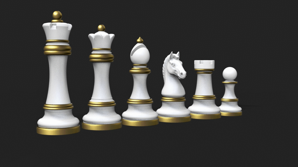 Classic chess set 3D model featuring a king, pawn, bishop, knight, and rook with smooth Staunton-inspired forms and rounded bases.
