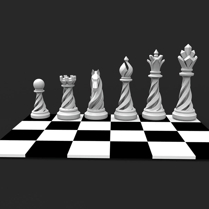 3D digital sculpt of stylized chess pieces with twisted column bases and geometric Art Deco tops.